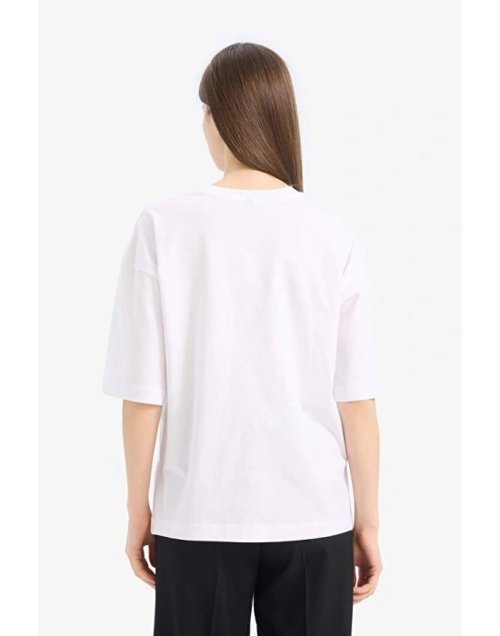 Oversize Geniş Kalıp Bisiklet Yaka Penye Basic Düz Kısa Kollu Beyaz Tişört