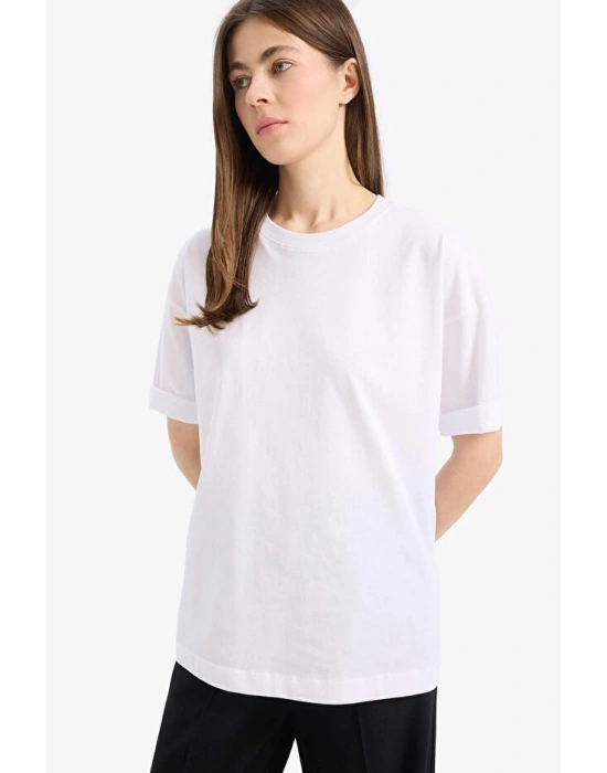 Oversize Geniş Kalıp Bisiklet Yaka Penye Basic Düz Kısa Kollu Beyaz Tişört
