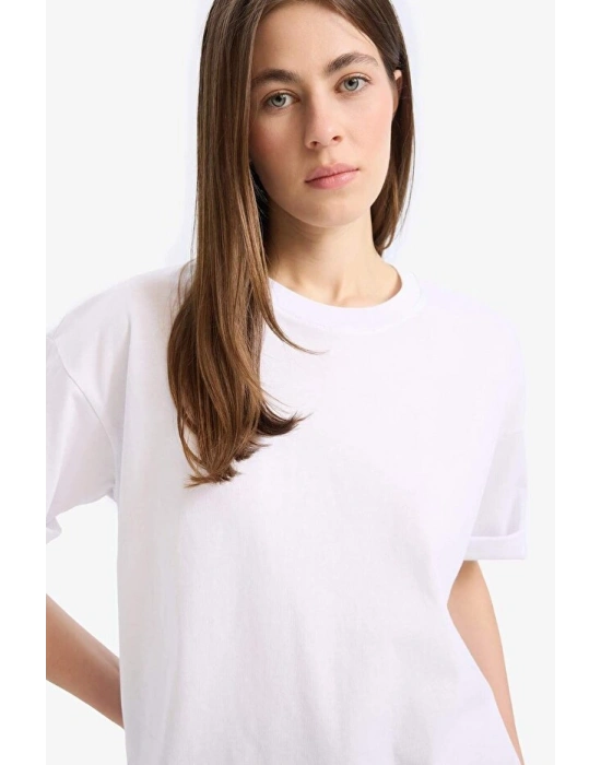 Oversize Geniş Kalıp Bisiklet Yaka Penye Basic Düz Kısa Kollu Beyaz Tişört