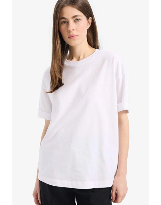 Oversize Geniş Kalıp Bisiklet Yaka Penye Basic Düz Kısa Kollu Beyaz Tişört