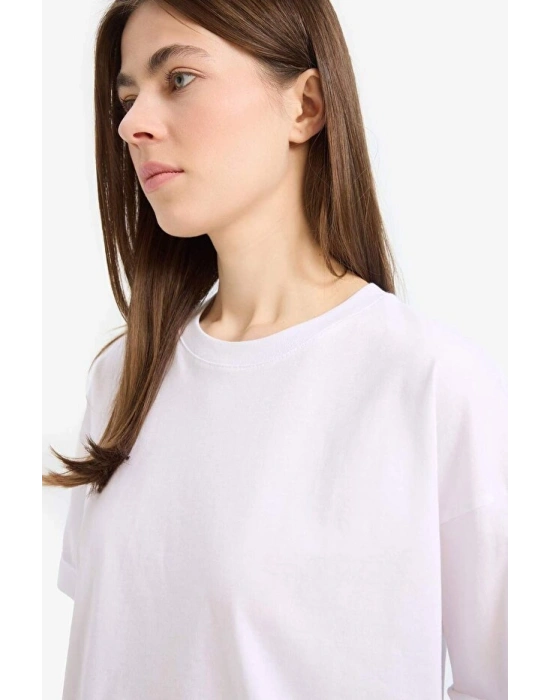 Oversize Geniş Kalıp Bisiklet Yaka Penye Basic Düz Kısa Kollu Beyaz Tişört