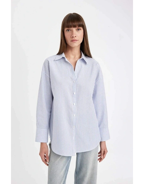 Oversize Geniş Kalıp Çizgili Oxford Uzun Kollu Gömlek