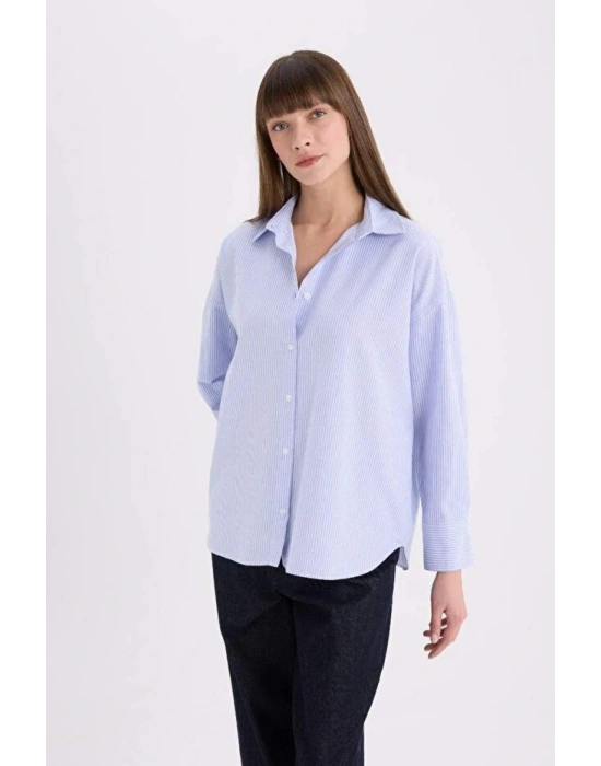 Oversize Geniş Kalıp Çizgili Oxford Uzun Kollu Gömlek