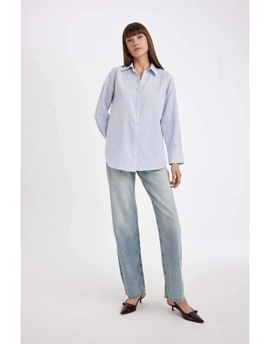 Oversize Geniş Kalıp Çizgili Oxford Uzun Kollu Gömlek