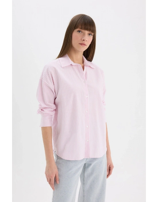 Oversize Geniş Kalıp Çizgili Oxford Uzun Kollu Gömlek D4512AX25SP