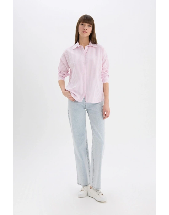Oversize Geniş Kalıp Çizgili Oxford Uzun Kollu Gömlek D4512AX25SP