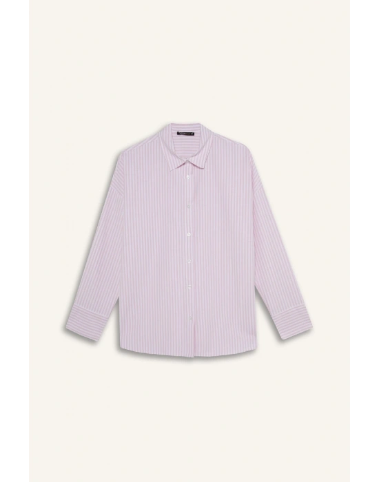 Oversize Geniş Kalıp Çizgili Oxford Uzun Kollu Gömlek D4512AX25SP