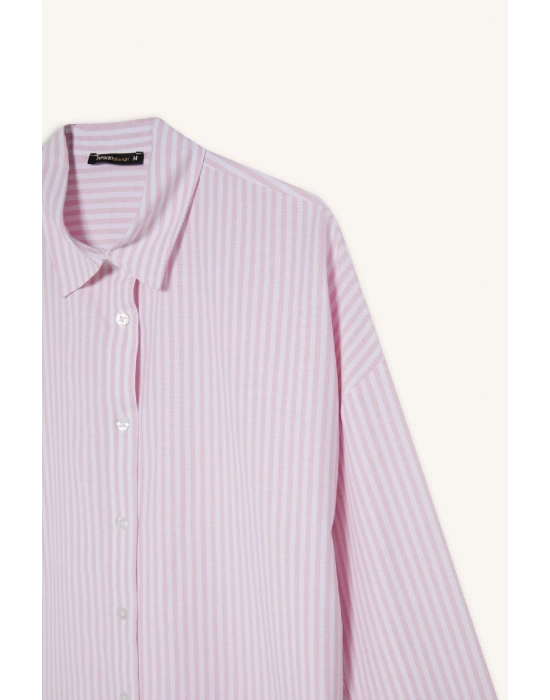 Oversize Geniş Kalıp Çizgili Oxford Uzun Kollu Gömlek D4512AX25SP