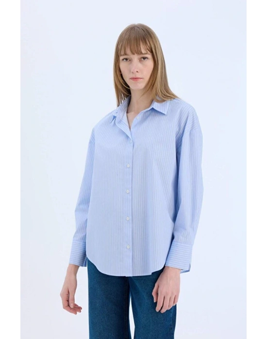 Oversize Geniş Kalıp Çizgili Poplin Uzun Kollu Gömlek