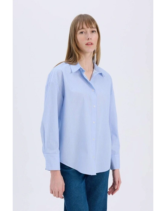 Oversize Geniş Kalıp Çizgili Poplin Uzun Kollu Gömlek