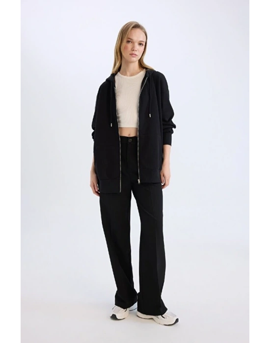 Oversize Geniş Kalıp Kapüşonlu Cepli Basic Düz Fermuarlı Sweatshirt