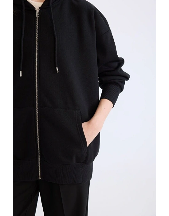 Oversize Geniş Kalıp Kapüşonlu Cepli Basic Düz Fermuarlı Sweatshirt