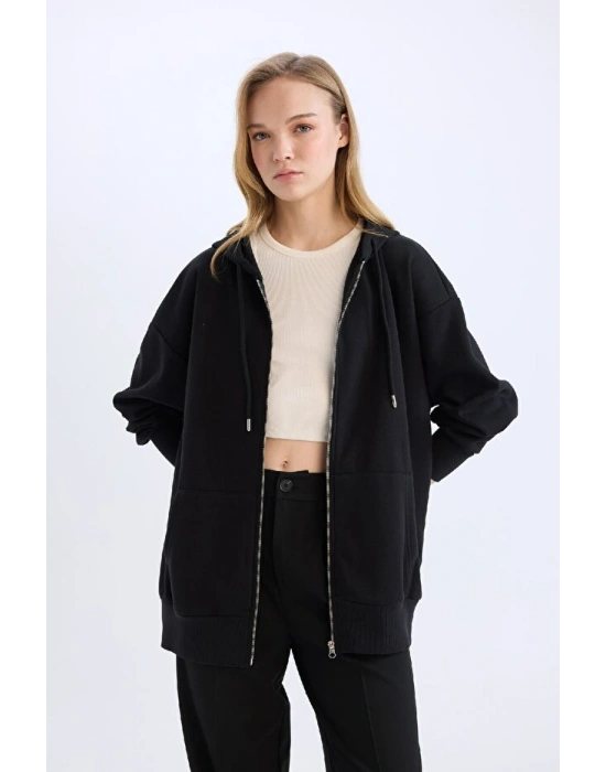 Oversize Geniş Kalıp Kapüşonlu Cepli Basic Düz Fermuarlı Sweatshirt
