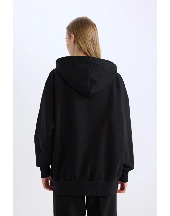 Oversize Geniş Kalıp Kapüşonlu Cepli Basic Düz Fermuarlı Sweatshirt