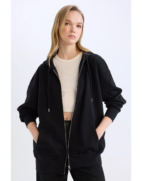 Oversize Geniş Kalıp Kapüşonlu Cepli Basic Düz Fermuarlı Sweatshirt