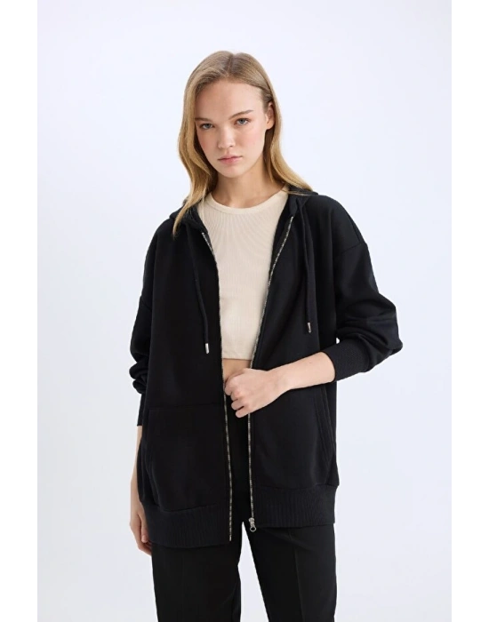 Oversize Geniş Kalıp Kapüşonlu Cepli Basic Düz Fermuarlı Sweatshirt