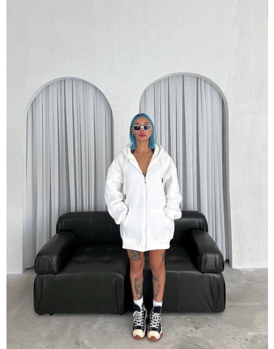 Oversize Tam Fermuarlı Uzun Kol Hırka - Beyaz