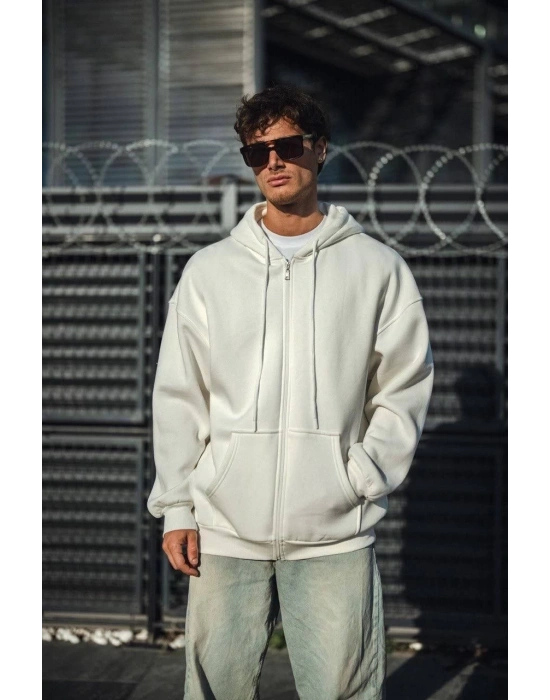Oversize Tam Fermuarlı Uzun Kol Hırka - Beyaz