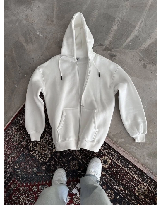 Oversize Tam Fermuarlı Uzun Kol Hırka - Beyaz