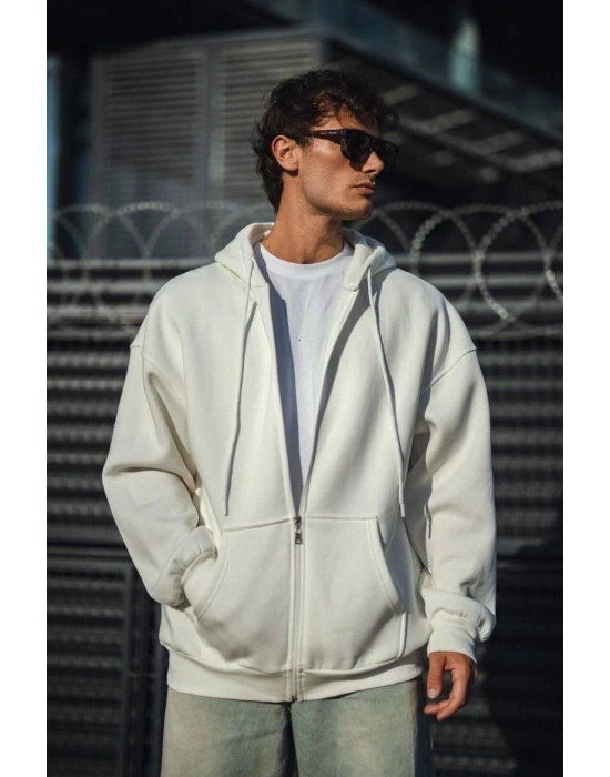 Oversize Tam Fermuarlı Uzun Kol Hırka - Beyaz