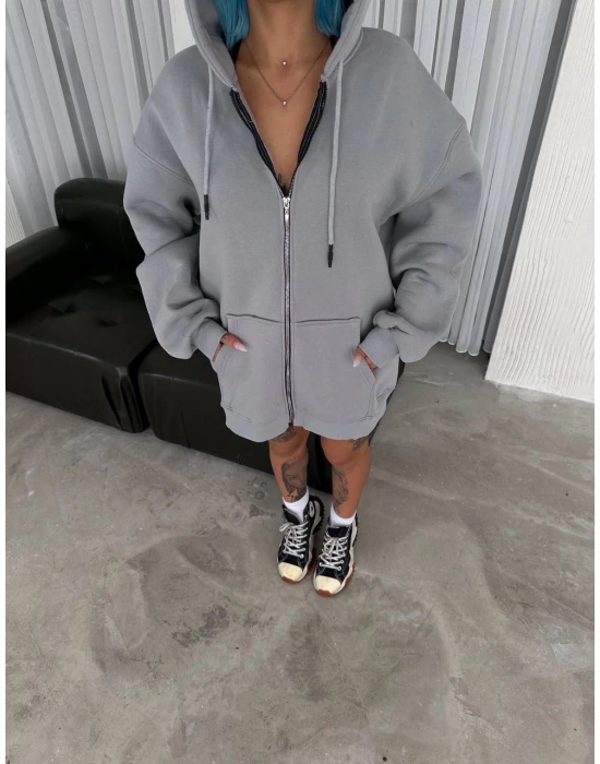 Oversize Tam Fermuarlı Uzun Kol Hırka - Gri