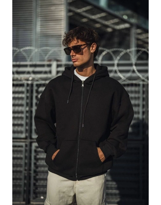 Oversize Tam Fermuarlı Uzun Kol Hırka - Siyah