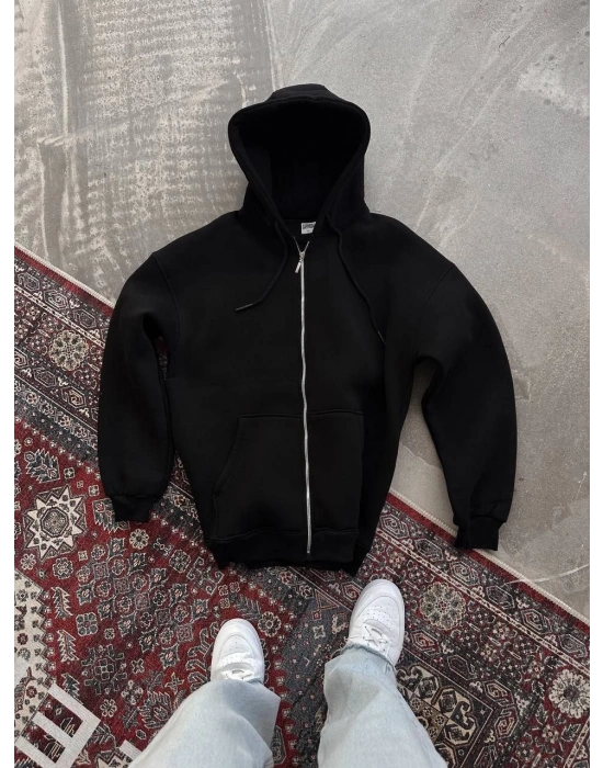 Oversize Tam Fermuarlı Uzun Kol Hırka - Siyah
