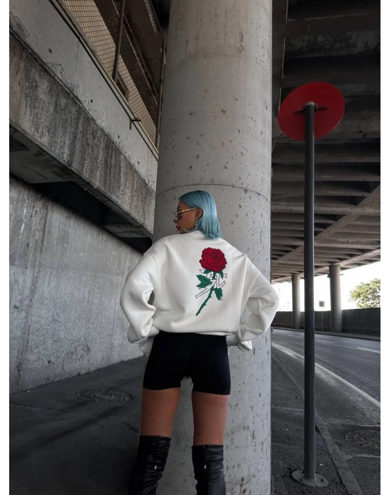 Oversize Üç İplik Bisiklet Yaka Baskılı SweatShirt - Beyaz