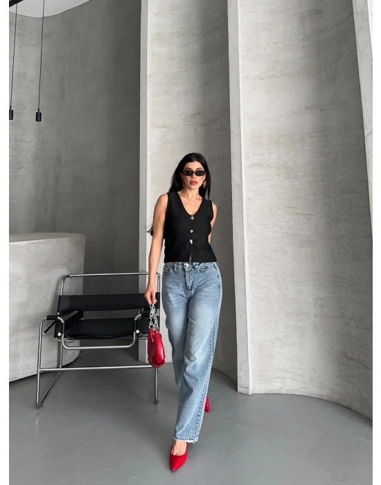 Palazzo straight kar yıkama jeans pantolon mavi d2008