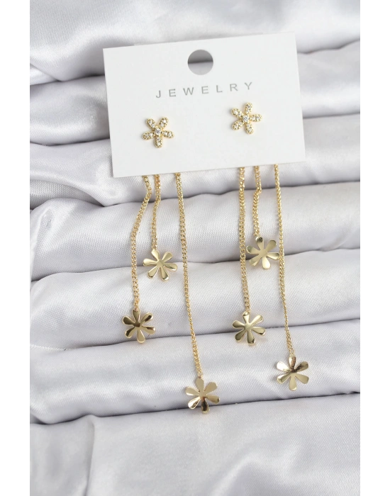 Papatya Model Gold Renk Pirinç Sallantılı Kadın Küpe