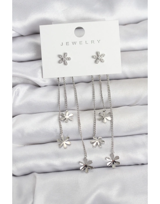 Papatya Model Gümüş Renk Pirinç Sallantılı Kadın Küpe