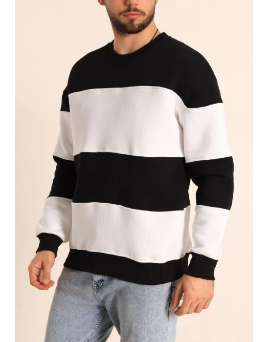 Parçalı Bisiklet Yaka Baskılı SweatShirt - Siyah