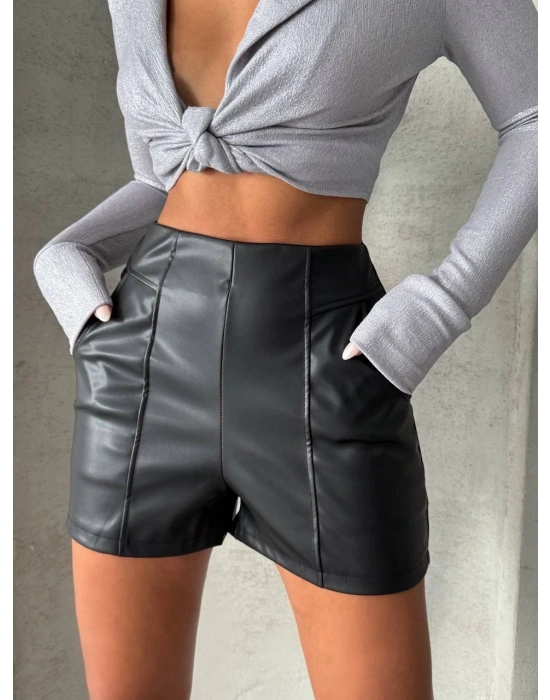 Parçalı cepli deri şort siyah w26312