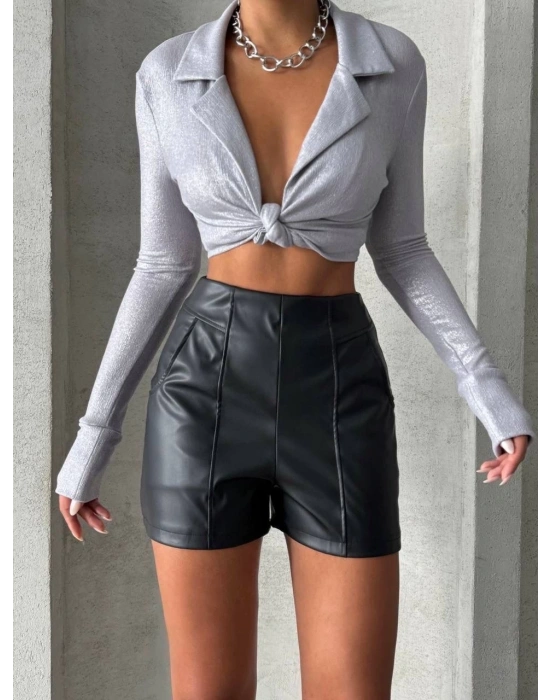 Parçalı cepli deri şort siyah w26312