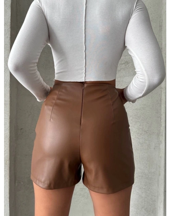 Parçalı cepli deri şort taba w26312