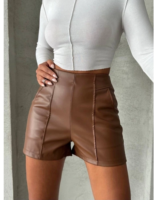 Parçalı cepli deri şort taba w26312
