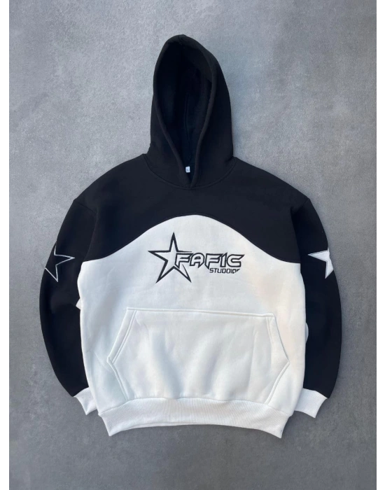 Parçalı Nakış İşlemelı Kapüşonlu SweatShirt - Siyah