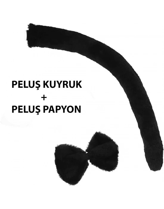 Peluş Siyah Renk Kuyruk ve Papyon Yetişkin Çocuk Uyumlu