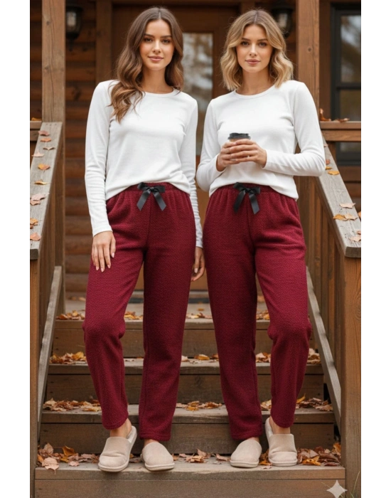 Peluşlu pijama alt bordo nr