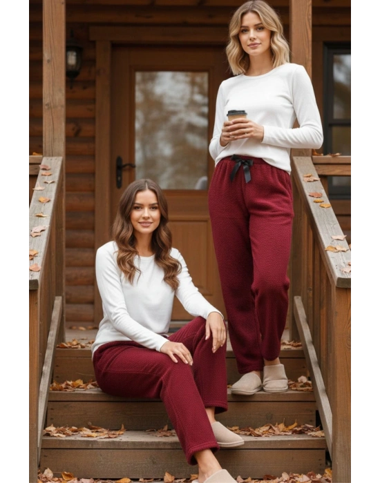 Peluşlu pijama alt bordo nr