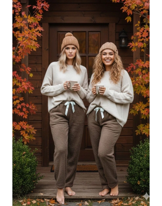 Peluşlu pijama alt kahve nr