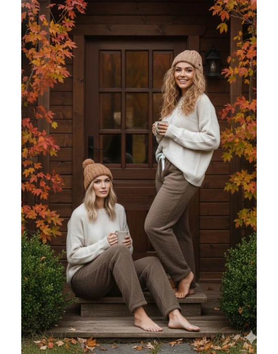 Peluşlu pijama alt kahve nr