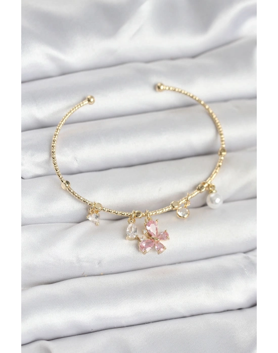 Pembe Kelebek Charmlı Gold Renk Kadın Bileklik