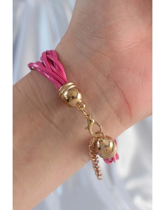 Pembe Renk Zirkon Taşlı İpli Çoklu Bileklik