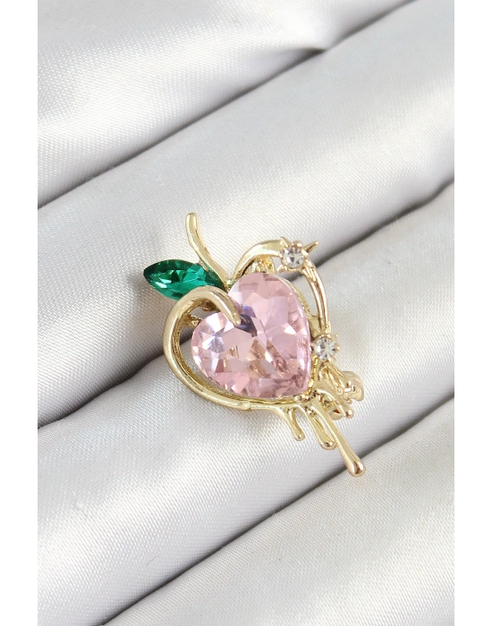Pembe Ve Yeşil Zirkon Taşlı 3D Eriyen Kalp Figürlü Gold Renk Kadın Broş
