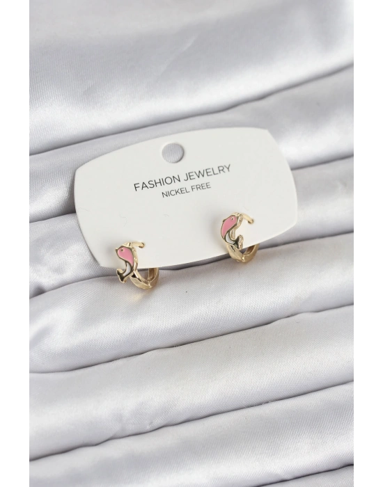 Pembe Yunus Balığı Model Gold Renk Pirinç Çocuk Küpe