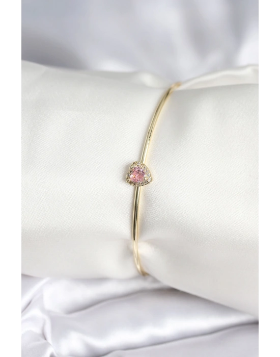 Pembe Zirkon Taşlı Kalp Model Gold Renk Kadın Bileklik