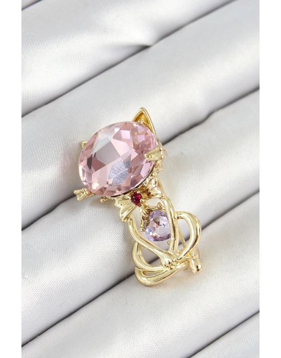 Pembe Zirkon Taşlı Kap Detaylı Kedi Figürlü Gold Renk Kadın Broş