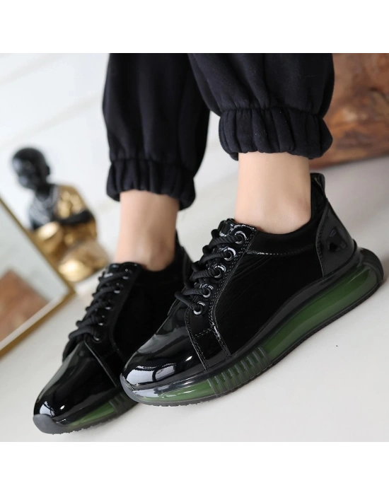 Piona Siyah Rugan Yeşil Tabanlı Spor Ayakkabı