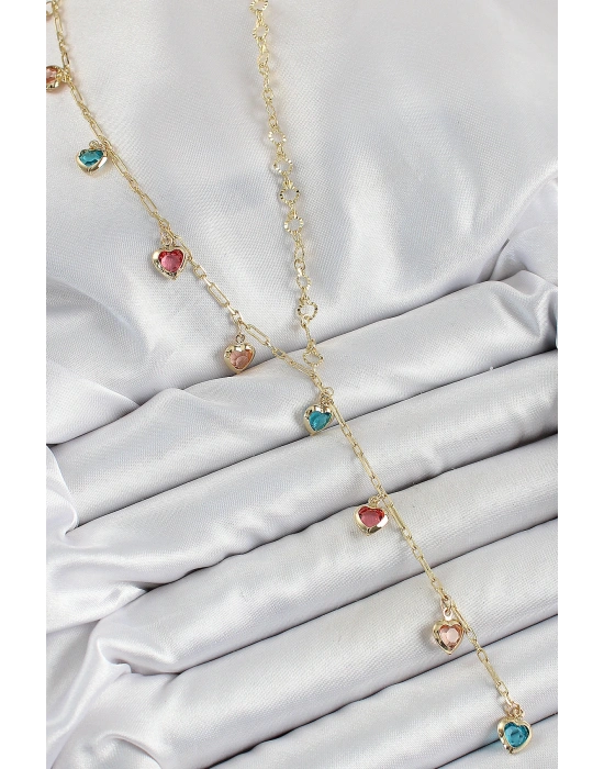 Pirinç Asorti Kalp Model Gold Renk Zirkon Taşlı Y Kolye